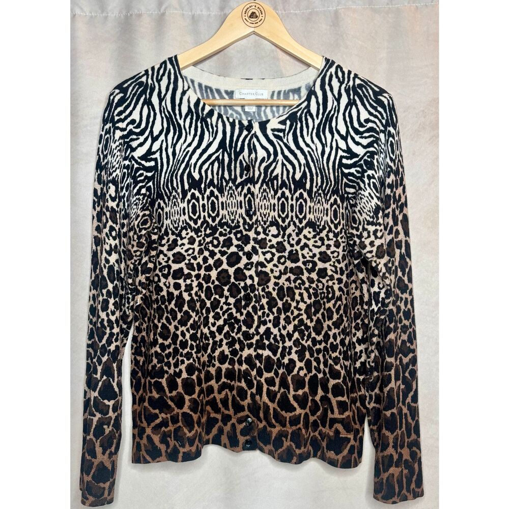 Charter Club Animal Print Cardigan Sweater Top Womens Medium